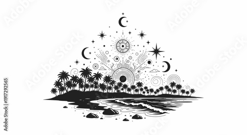 Magical tropical island with celestial elements and palm trees