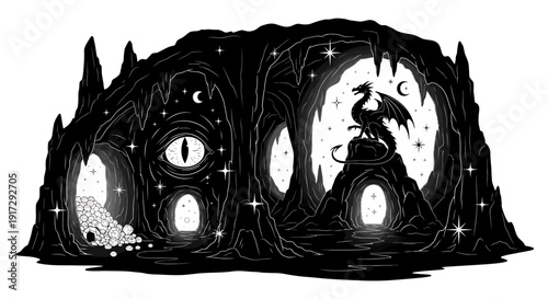 Mysterious dragon guarding treasure in magical cave