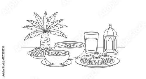 A table setting with food and a palm tree