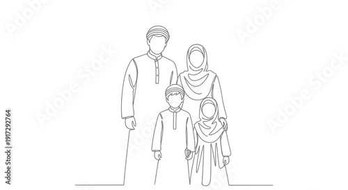 A muslim family standing together in a line drawing
