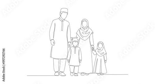 A muslim family standing together in a line drawing