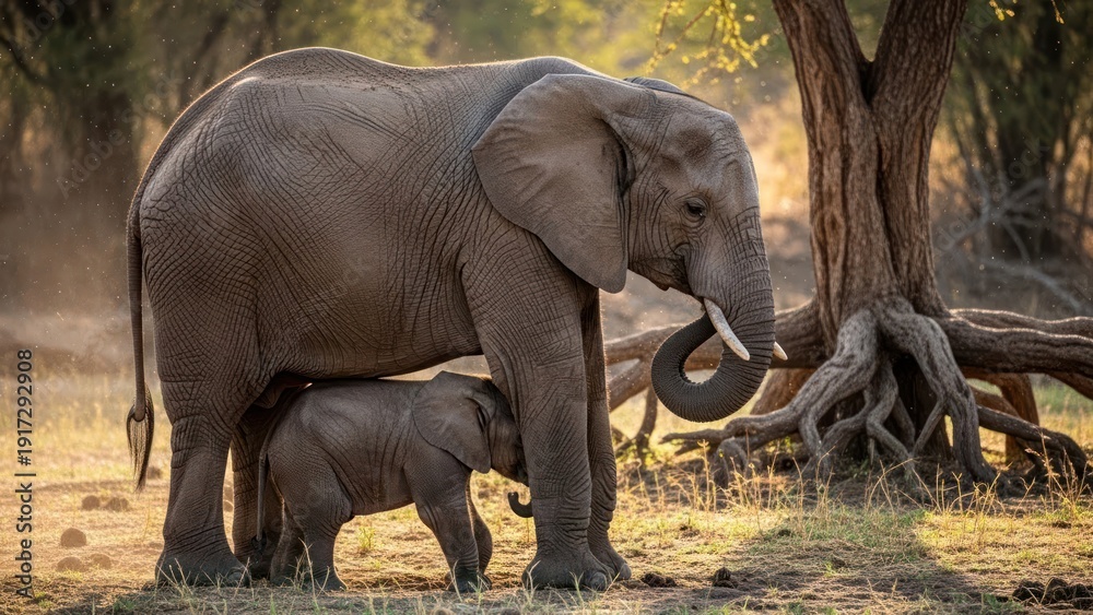 Fototapeta premium Elephant Mother and Calf in Forest.