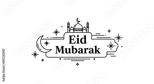 Eid mubarak greeting card with mosque and crescent moon