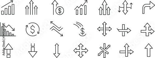Linear business arrow icons, financial growth symbols, dollar currency signs, direction indicators, minimalist outline icons, market trend vectors, and trade navigation