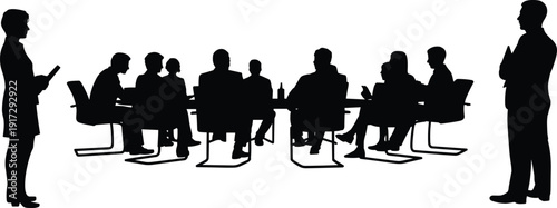 Business meeting silhouette vector, corporate team discussion at conference table with manager presentation, leadership strategy planning, boardroom teamwork concept illustration