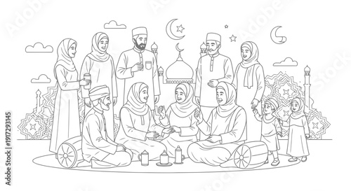 A group of people are gathered around a table with food and drinks