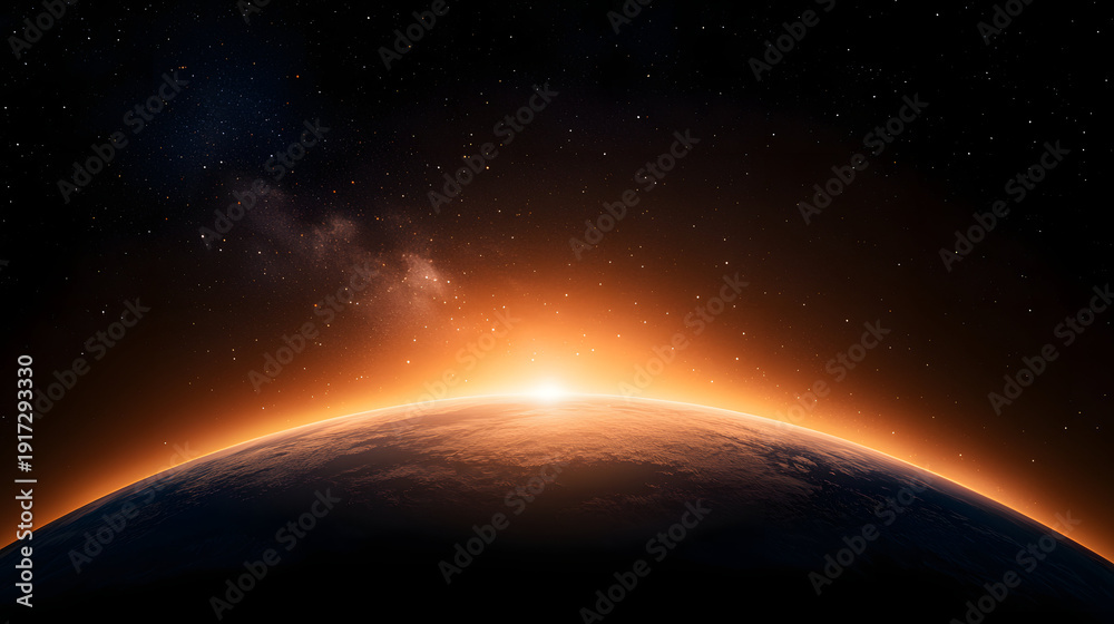 Obraz premium Stunning view of planet horizon at sunrise, showcasing vibrant colors and stars in background 