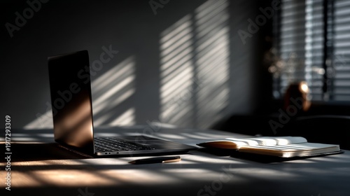 Minimal modern workspace with matte black laptop, notebook, and pen on clean desk under dramatic natural light and cinematic shadows, featuring neutral tones and premium studio aesthetic.