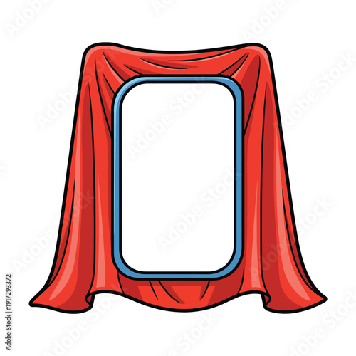 Illustration of a red curtain with blue frame unveiling a blank sign or announcement board from a front viewpoint.