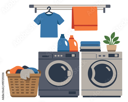 Flat illustration laundry items set featuring washing machines, laundry basket, clothes, and cleaning supplies for household chores