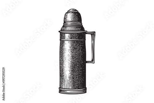 Thermos flask vector illustration transparent background sketch engraving style vintage black and white