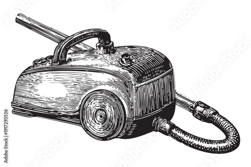 Vintage vacuum cleaner with hose and wand accessory, black and white sketch illustration on transparent background vector