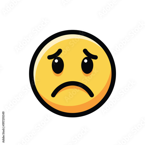A melancholic yellow emoticon with a frowning face and raised eyebrows is depicted in a simple illustration style viewed directly on a plain background.