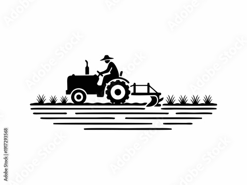 Farmer Driving Tractor Plowing Agricultural Field Silhouette Illustration