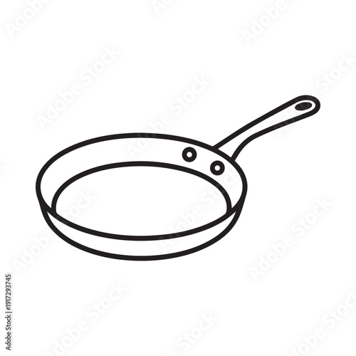 Simple black and white line drawing of a frying pan with a long handle