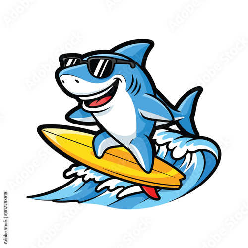 A cartoon shark wearing sunglasses rides a surfboard on a wave with a cheerful expression, conveying a fun and carefree atmosphere in a stylized illustration.