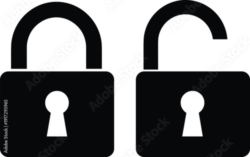 Black Security Padlock Silhouette Set Featuring Closed and Open Lock Icons for Privacy Protection Home Safety Cyber Security Web Access and Locksmith Services Design