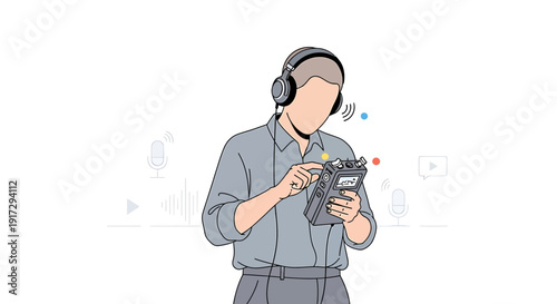 Person wearing headphones, operating a portable audio recorder, creating sound