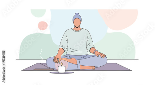 Person meditating in lotus pose with candle and abstract background