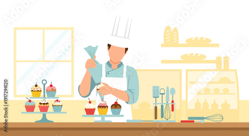 Pastry Chef Decorating Cupcakes with Icing Bag in Kitchen Bakery