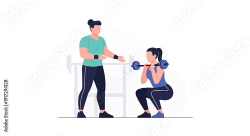 Personal Trainer Guiding Woman Squatting with Barbell in Gym