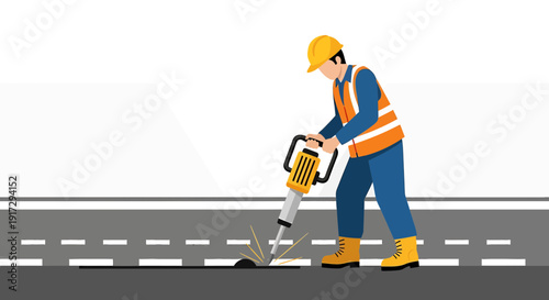 Road Worker using Jackhammer on Asphalt Surface