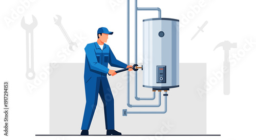 Plumber fixing water heater, home maintenance, repair service, tools background