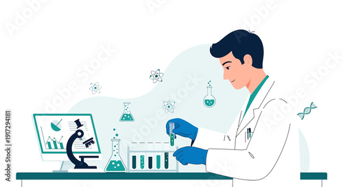 Scientist conducting experiment in laboratory with microscope and DNA helix illustration