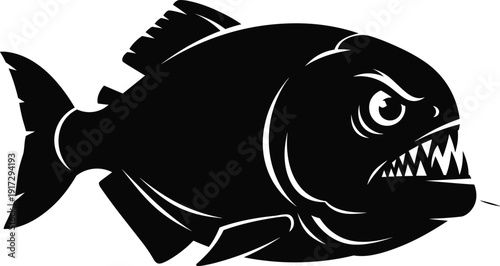 Piranha fish illustration silhouette, aggressive predatory aquatic animal icon sharp teeth bold design, vector artwork, wildlife and lifestyle theme, isolated background