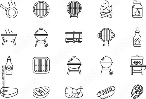 BBQ Grill Barbecue Icons Set, Grill Pan Flame Sauce Bottle Meat Steak Chicken Sausage Hotdog Steak Grill Tools Vector Line Art Illustration