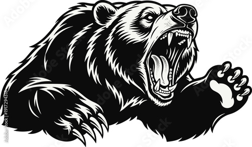 Roaring bear illustration silhouette, aggressive wild animal icon sharp teeth claw dynamic pose bold design, vector artwork, wildlife and lifestyle theme, isolated background