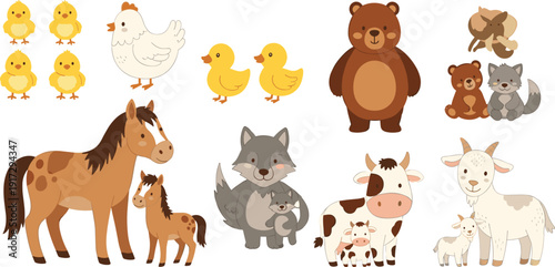 Farm and forest animal parent-child vector set with horse cow bear and wolf for children's stories and family branding