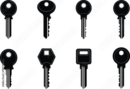 Collection of House and Door Key Silhouettes Featuring Various Metal Car Keys Security Padlock Openers and Master Key Symbols for Real Estate Security and Locksmith Services Design