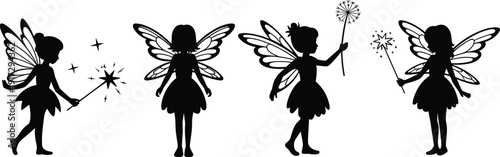 Four black silhouette fairies with wings holding different in a row fairy white