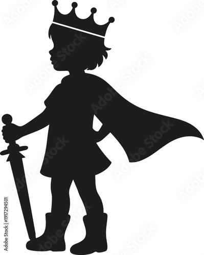 Silhouette of a child wearing a crown and cape holding a sword 1