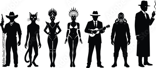 Collection of diverse character silhouettes including cowboy cat person royal figures musician with ukulele gas mask survivor and mysterious detective for creative graphic design