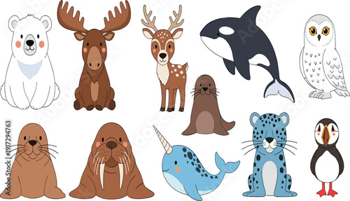 Arctic and northern wildlife vector set with orca polar bear narwhal and snowy owl for winter education and conservation branding