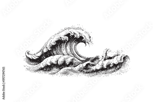 Ocean wave cresting, powerful sea water movement, nature's force, detailed dot art vector illustration on transparent background