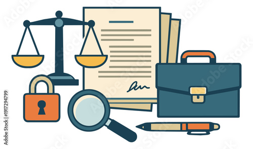 Modern outline legal symbols set featuring scales of justice, legal documents, a briefcase, a padlock and a magnifying glass for legal services and business