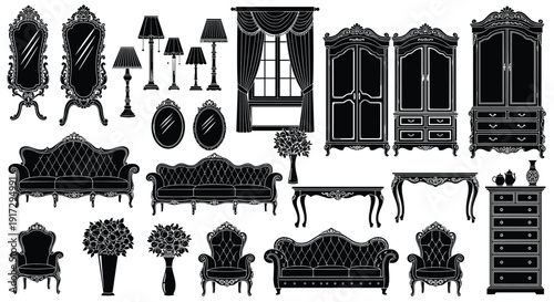 Luxury Antique Furniture Silhouette Collection Featuring Ornate Victorian Sofas Elegant Wardrobes Vintage Mirrors Classic Floor Lamps and Baroque Style Interior Decor Elements for Luxury Home Design
