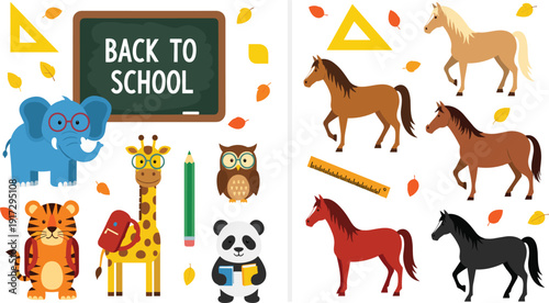 Back to school animal and horse vector set with giraffe elephant panda and diverse horse breeds for education and equestrian branding
