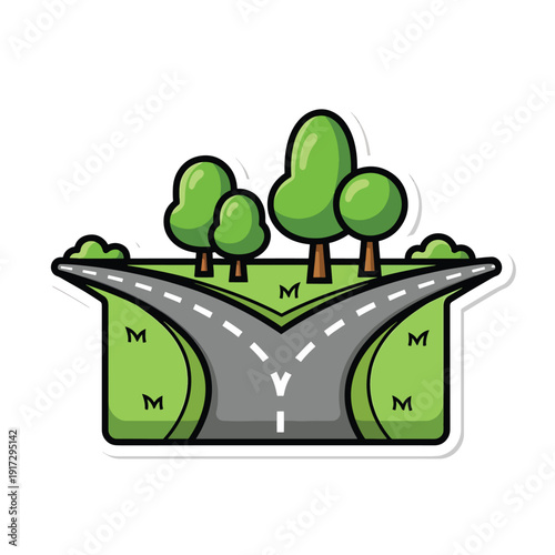 Road diverging into two paths surrounded by lush green trees and grassy areas in a serene landscape scene from a top-down viewpoint.