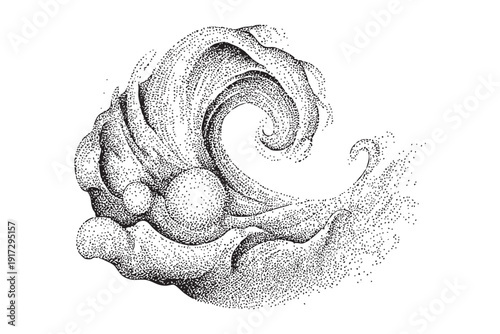 Dynamic swirling wave in black and white dotwork style, abstract ocean motion, transparent vector illustration for design