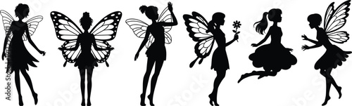 Silhouettes of five fairies with butterfly wings in various poses on a white background fairy black