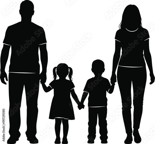 Happy family black silhouette with father mother son and daughter holding hands together standing isolated on white background for parenthood love and unity concepts