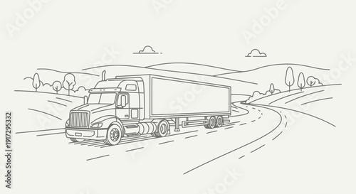 Semi truck driving on a winding road illustration.