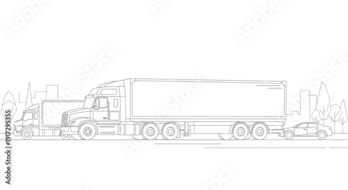 Semi truck and trailer line drawing illustration.