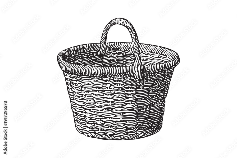 Obraz premium Woven wicker basket with handle, vintage style illustration, transparent vector