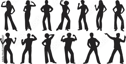 Silhouettes of people in various confident poses against a white background standing
