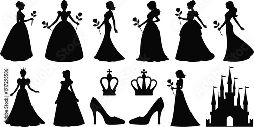 Silhouettes of princesses in fairy tale dresses holding roses with crowns heels and a castle